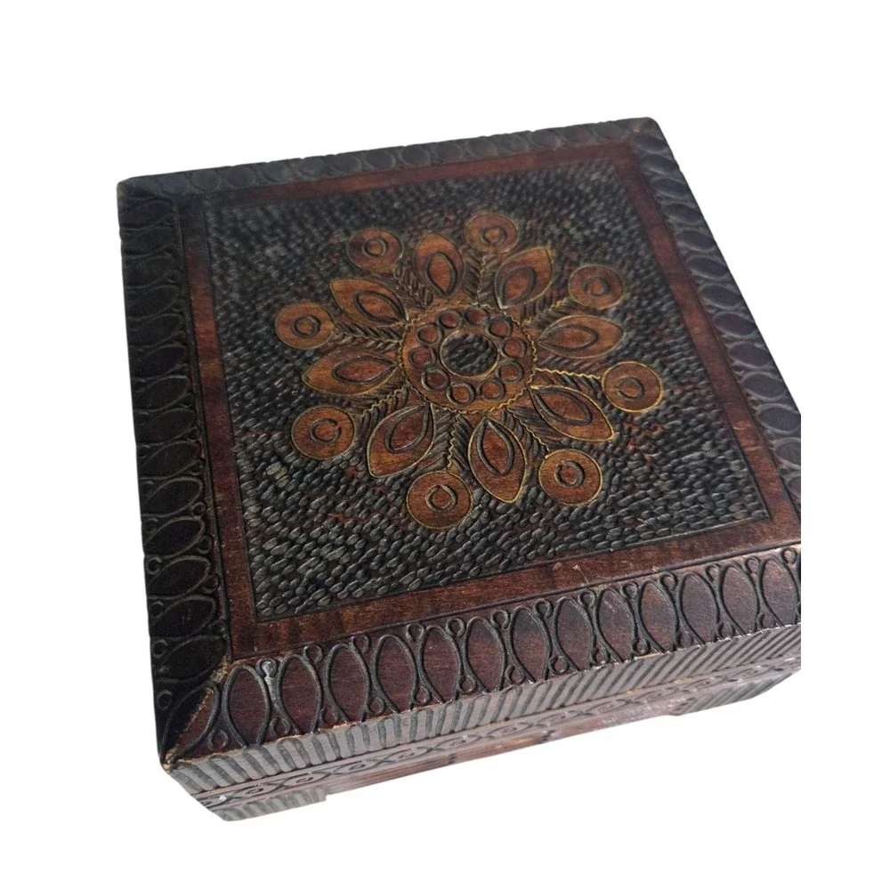 Vintage Polish Wooden Box Hand Carved Pyrography Hinged Trinket Wood Jewelry Box